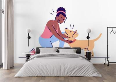 Young woman and cheerful puppy flat vector illustration. Active leisure. African american girl playing with dog isolated cartoon character with outline elements on white background Wall mural