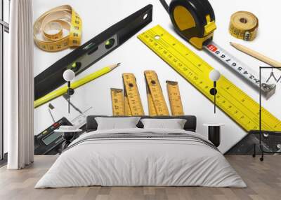 Yellow Measuring tape for tool roulette or ruler. Tape measure template in centimeters. Tapes meter set isolated on black background. Wall mural