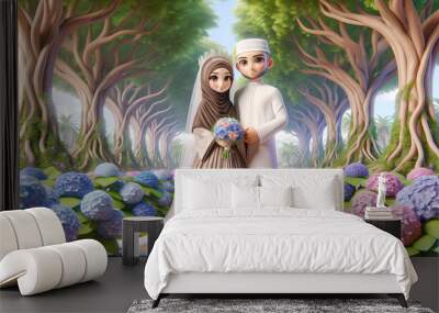 3D cartoon of a Middle Eastern bride with traditional Islamic attire and a groom, both of Arab descent, standing together under tall, sprawling trees Wall mural