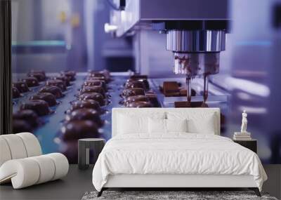 A close-up of a chocolate production line, showcasing machinery precisely crafting confections in a modern manufacturing environment. Wall mural