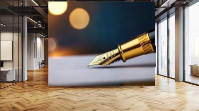 A close-up of a fountain pen poised over a blank page, with blurred bokeh lights in the background, suggesting elegance and creativity. Wall mural