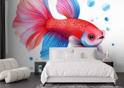 A colorful, stylized illustration of a goldfish swimming among bubbles, showcasing vibrant hues of red and blue. Wall mural