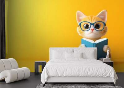 A cute orange cat wearing glasses reads a book against a bright yellow background, exuding charm and playfulness. Wall mural