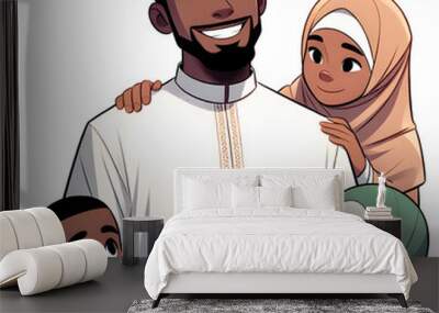 A diverse cartoon illustration of muslim people waiting in line, with a couple wearing caps at the front Wall mural