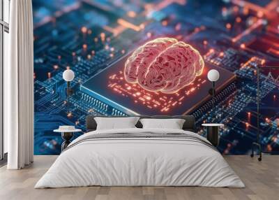 A glowing AI-powered chip integrated into a human brain, symbolizing the merging of human and machine intelligence Wall mural