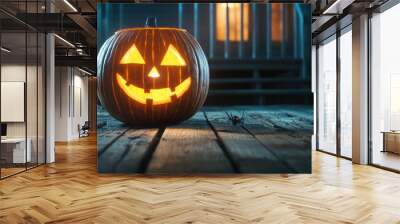 A glowing jack-o'-lantern sits on a wooden porch, exuding a classic Halloween vibe with its cheerful expression and spooky ambiance. Wall mural