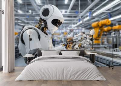 A humanoid robot is working on a production line amidst industrial machinery and robotic arms in a modern factory environment. Wall mural