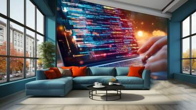 A person types on a laptop, displaying colorful code and software development in a vibrant nighttime setting. Wall mural