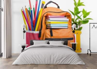 A school backpack, filled with books and supplies, vibrant colors, organized and ready, isolated on white background  Wall mural