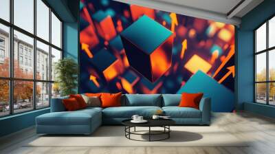 A vibrant, abstract representation of cubes and arrows, illustrating growth and movement in a digital space. Wall mural