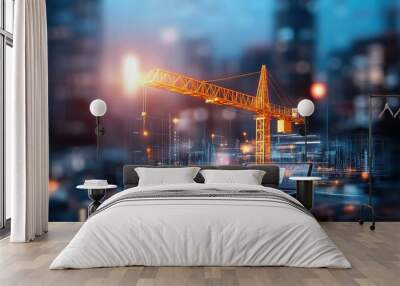 A vibrant night scene featuring a construction crane illuminated against a city skyline, with a laptop reflecting the urban environment below. Wall mural