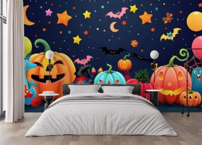 Abstract cute Halloween background with colorful pumpkins and whimsical designs, vector illustration, high-resolution, fun and festive concept  Wall mural