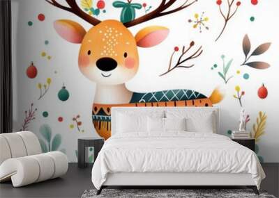 Adorable Boho Style Christmas Reindeer Clipart Wall mural