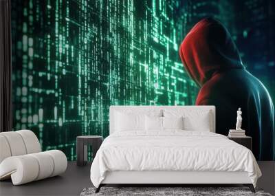 Anonymous identity, hacker blending into code matrix, 3D illustration  Wall mural