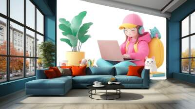 Artistic girl with artist suit, typing on a laptop, kawaii clay icon, bright tones, 3D Blender, isolated white background  Wall mural