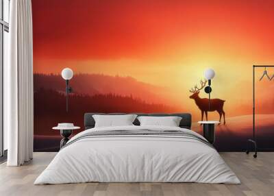 Black reindeer silhouette against a red snowy landscape, 3D illustration Wall mural