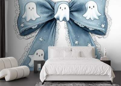 Blue Watercolor Bow with Ghosts and Stars for Halloween Wall mural