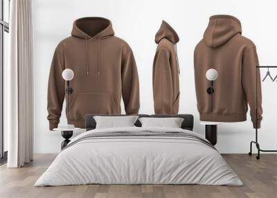 Brown Hoodie Mockup  Front  Side  Back Views  Isolated on White Wall mural