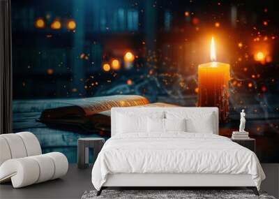 Candlelight Illuminating Old Book with Glowing Particles Wall mural