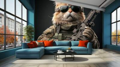 Cat Soldier in Camouflage with Sunglasses and Rifle Wall mural