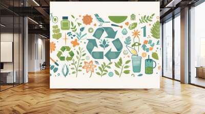 Central recycling logo surrounded by eco-friendly symbols, highlighting various sustainability goals, Surreal, Soft greens, Illustration, Emphasis on environmental harmony Wall mural