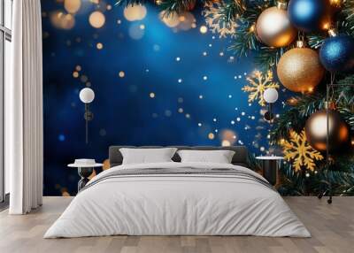 Christmas Tree Ornament Bauble Blue Gold Snowflake Bokeh Lights Wall mural