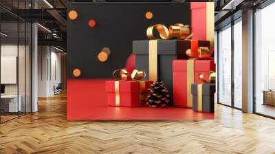 Colorful gift boxes adorned with ribbons and pinecones on a vibrant red surface, creating a festive holiday atmosphere. Wall mural