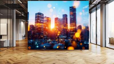 Commercial real estate growth, close-up, focus on skyscrapers, vivid tones, Double exposure silhouette with business icons Wall mural