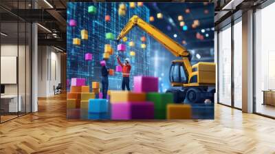 Construction Scene with Workers Assembling Colorful Blocks Wall mural