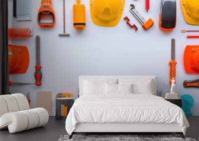 Construction Tools Frame With Safety Helmets and Copy Space Wall mural