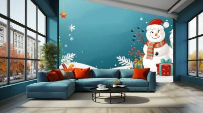 Cute Snowmen in Xmas Celebration with Snow Background Wall mural