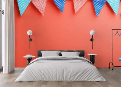 Festive Red Background with Balloons  Flags  and Confetti for Party Decoration Wall mural