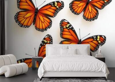 Four vibrant orange butterflies with intricate black patterns, arranged against a light background, showcasing nature's beauty and detail. Wall mural