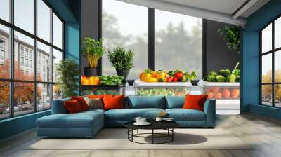 Fresh vegetables in clear containers on a kitchen countertop, with green plants in the background, and sunlight filtering through large windows. Wall mural