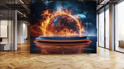 Futuristic Neon Lights and Fire Ring Platform in Space Background Wall mural