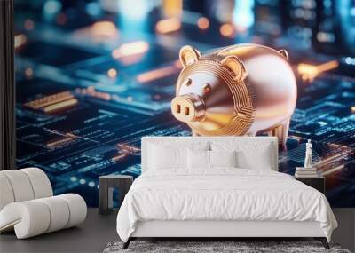 Golden Piggy Bank on Circuit Board with Blurry Lights Wall mural