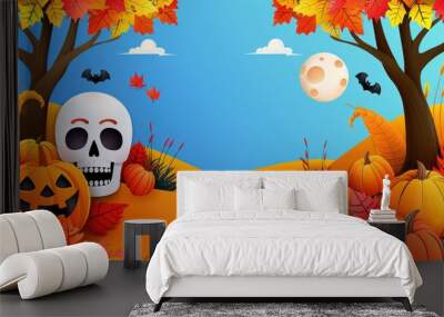 Halloween Pumpkin and Skull Background with Autumn Leaves Wall mural