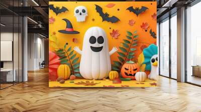 High-resolution vector of an abstract cute Pocong Halloween display background with bright colors and playful characters, whimsical and artistic design  Wall mural