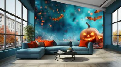 Jack o  lantern Halloween Background with Bats and Lights Wall mural