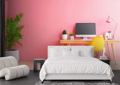 Minimalist Home Office Desk with Pink Wall and Yellow Chair Wall mural