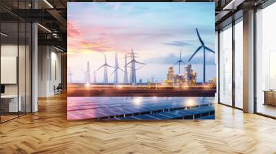 Montage of various energy sectors: solar panels, industrial refineries, wind turbines, and electrical infrastructure Wall mural