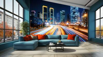 Night Cityscape with Traffic Light Trails and Modern Buildings Wall mural