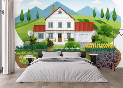 Organic farm to table restaurant, sustainable dining, flat design illustration Wall mural