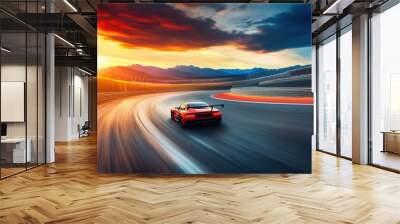 Red Sports Car Racing on Track at Sunset Wall mural