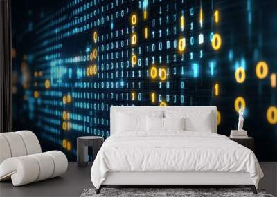 The image features a digital landscape of binary code, with glowing blue and orange elements, representing technology and data processing. Wall mural