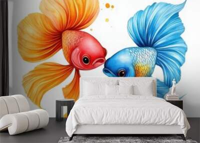 Two colorful goldfish, one orange and one blue, swim together, showcasing their vibrant fins and expressive faces against a clean white background. Wall mural