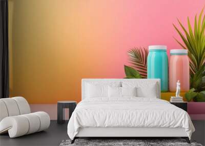 Two colorful jars on a pastel display with vibrant greenery against a gradient background, creating a fresh and modern aesthetic. Wall mural