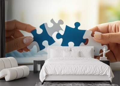 Two Hands Connecting Puzzle Pieces   Teamwork  Collaboration  Solution Concept Wall mural