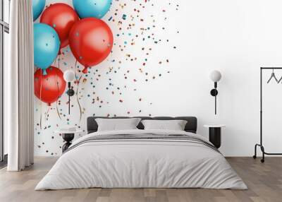 Vector happy birthday horizontal illustration with, 3d realistic Classic Brights Red and Blue, air balloon on white background with text and glitter confetti Wall mural