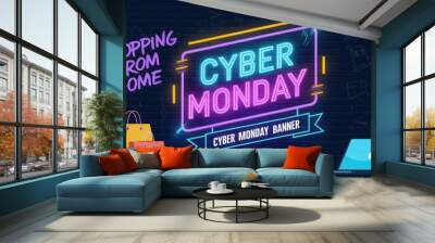 Vibrant Neon Cyber Monday Shopping Illustration Wall mural